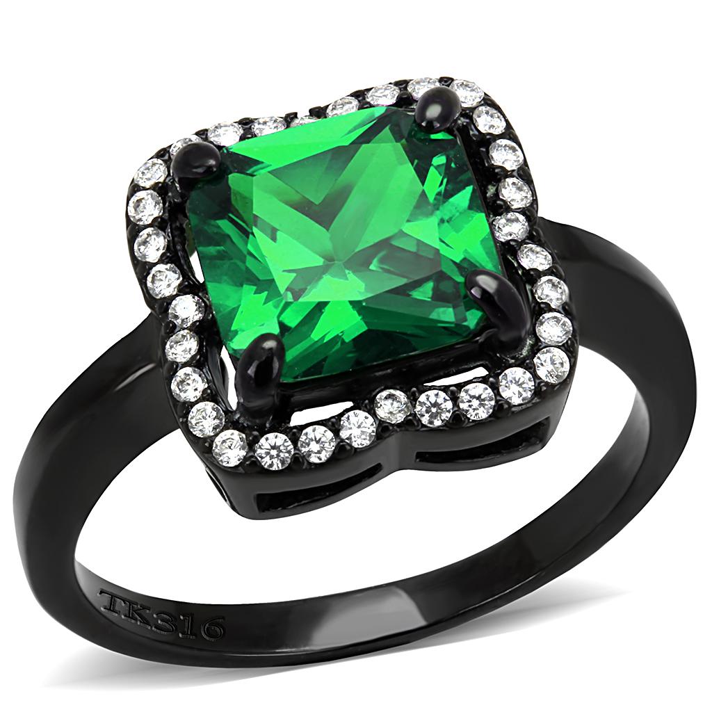 A stylish women's stainless steel ring featuring a square emerald cubic zirconia, finished with IP black ion plating.