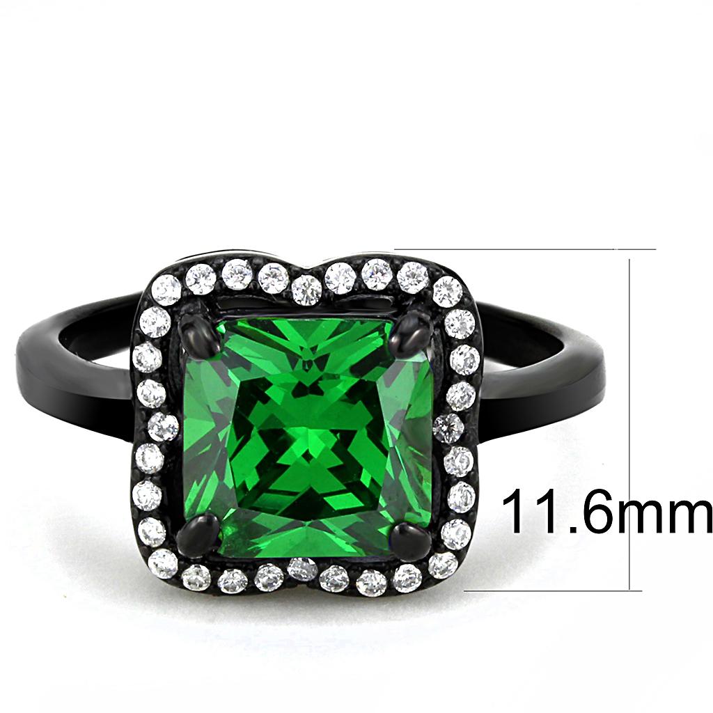 A stylish women's stainless steel ring featuring a square emerald cubic zirconia, finished with IP black ion plating.