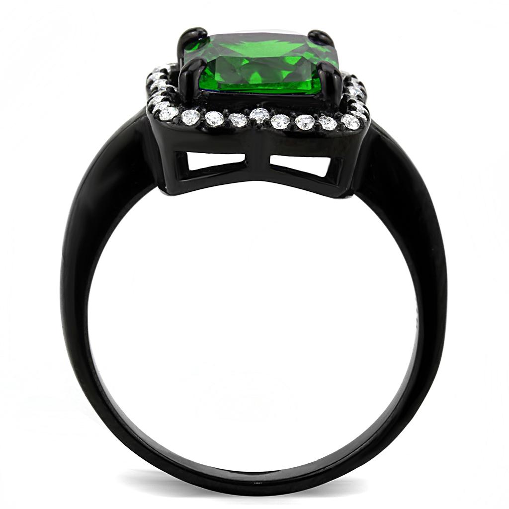 A stylish women's stainless steel ring featuring a square emerald cubic zirconia, finished with IP black ion plating.