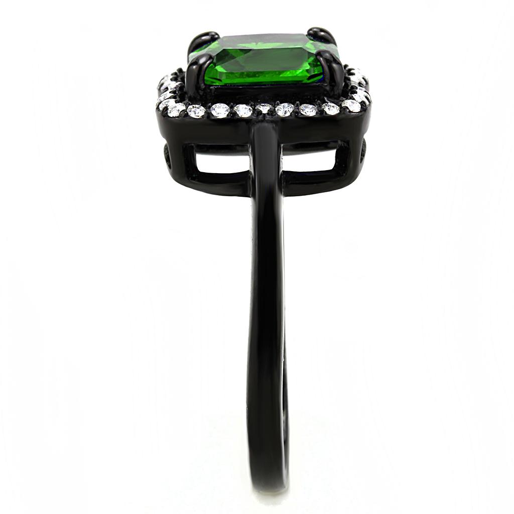 A stylish women's stainless steel ring featuring a square emerald cubic zirconia, finished with IP black ion plating.