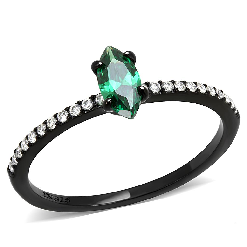 Elegant Women Stainless Steel Ring with Cubic Zirconia and Emerald accents, featuring a sleek black ion plating finish.