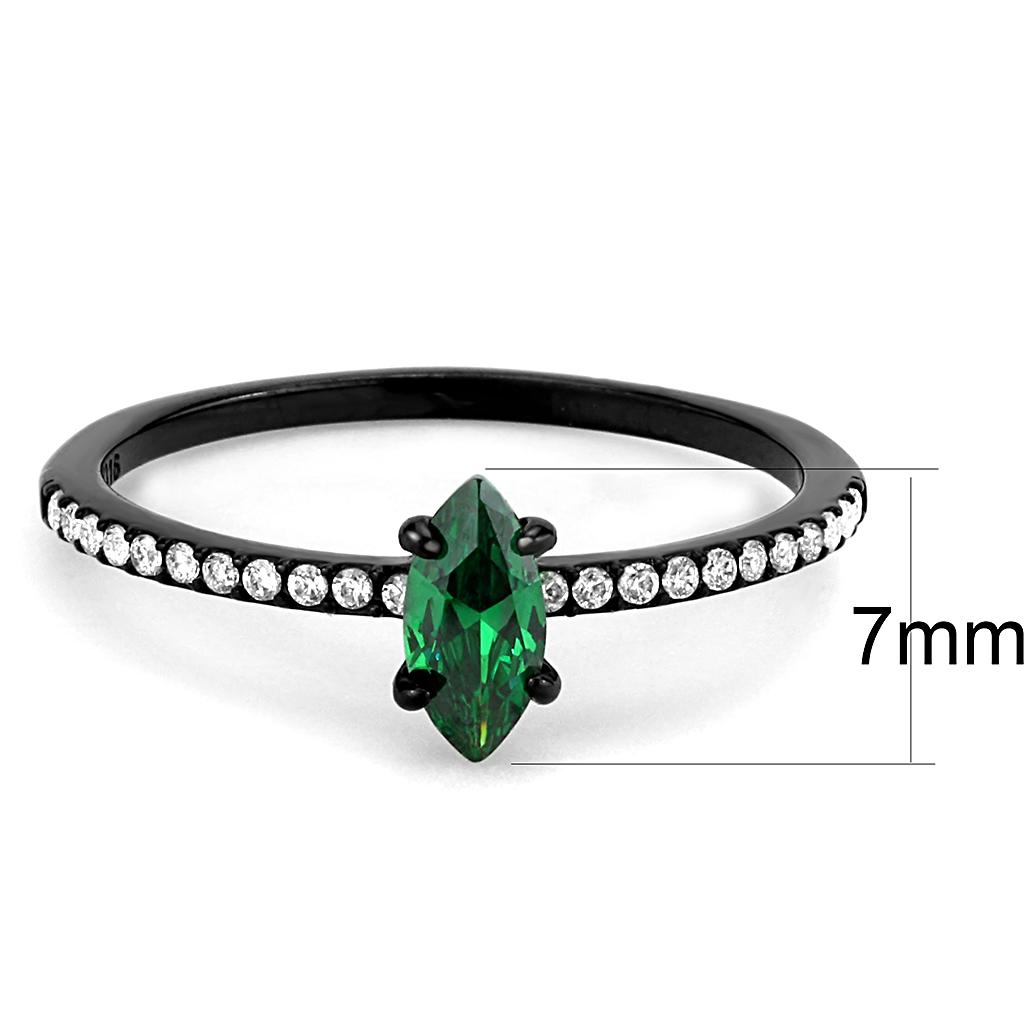 Elegant Women Stainless Steel Ring with Cubic Zirconia and Emerald accents, featuring a sleek black ion plating finish.