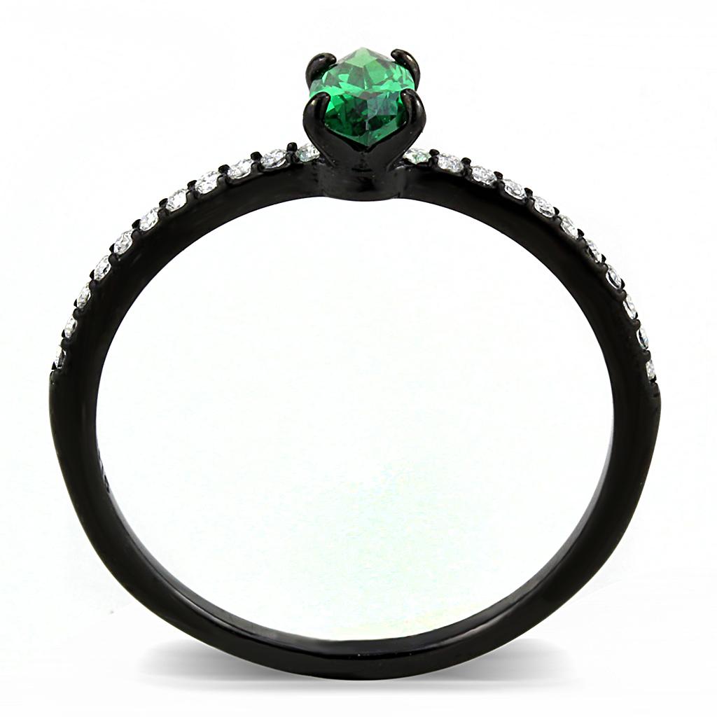 Elegant Women Stainless Steel Ring with Cubic Zirconia and Emerald accents, featuring a sleek black ion plating finish.