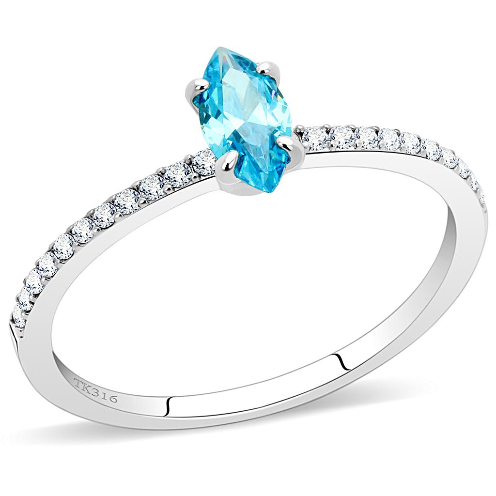 Elegant Women Stainless Steel Ring with Sea Blue Cubic Zirconia, showcasing a high polished finish.