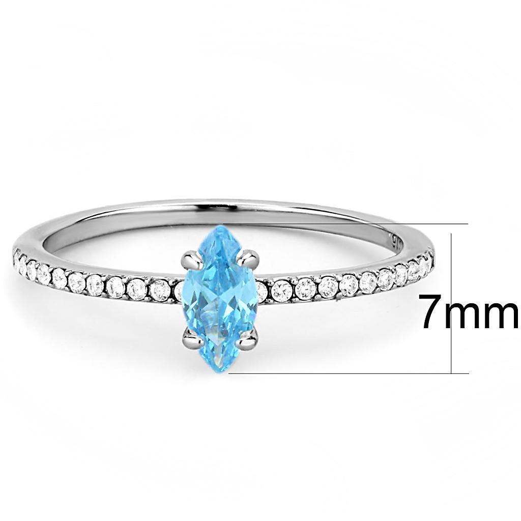 Elegant Women Stainless Steel Ring with Sea Blue Cubic Zirconia, showcasing a high polished finish.