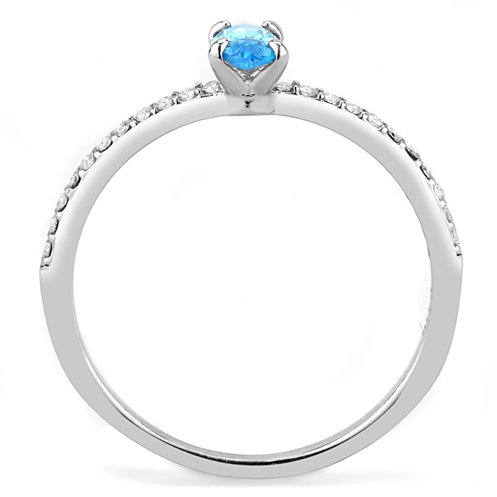 Elegant Women Stainless Steel Ring with Sea Blue Cubic Zirconia, showcasing a high polished finish.