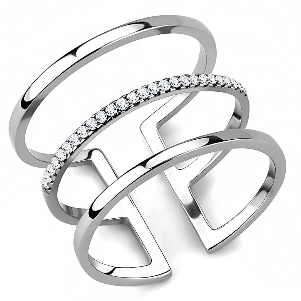 Elegant Women Stainless Steel Ring with Cubic Zirconia, high-polished finish, showcasing clear stones.