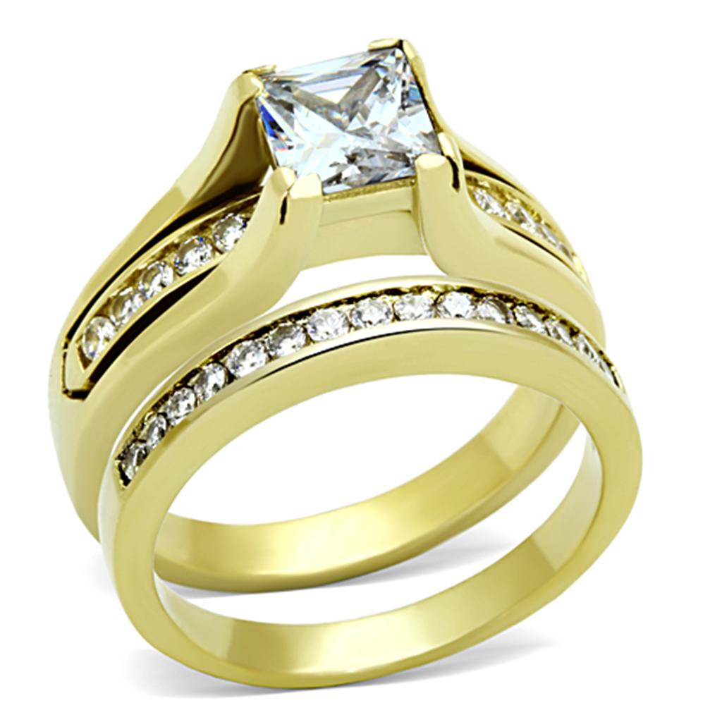 Elegant Women Stainless Steel Ring with Cubic Zirconia, featuring a square design and IP gold ion plating.