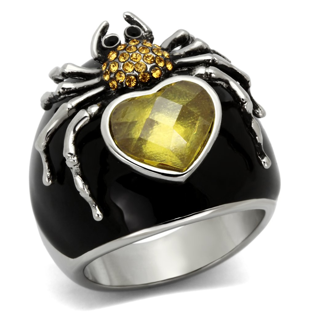 A beautiful women's stainless steel ring featuring high polish finish and sparkling cubic zirconia with topaz accents.