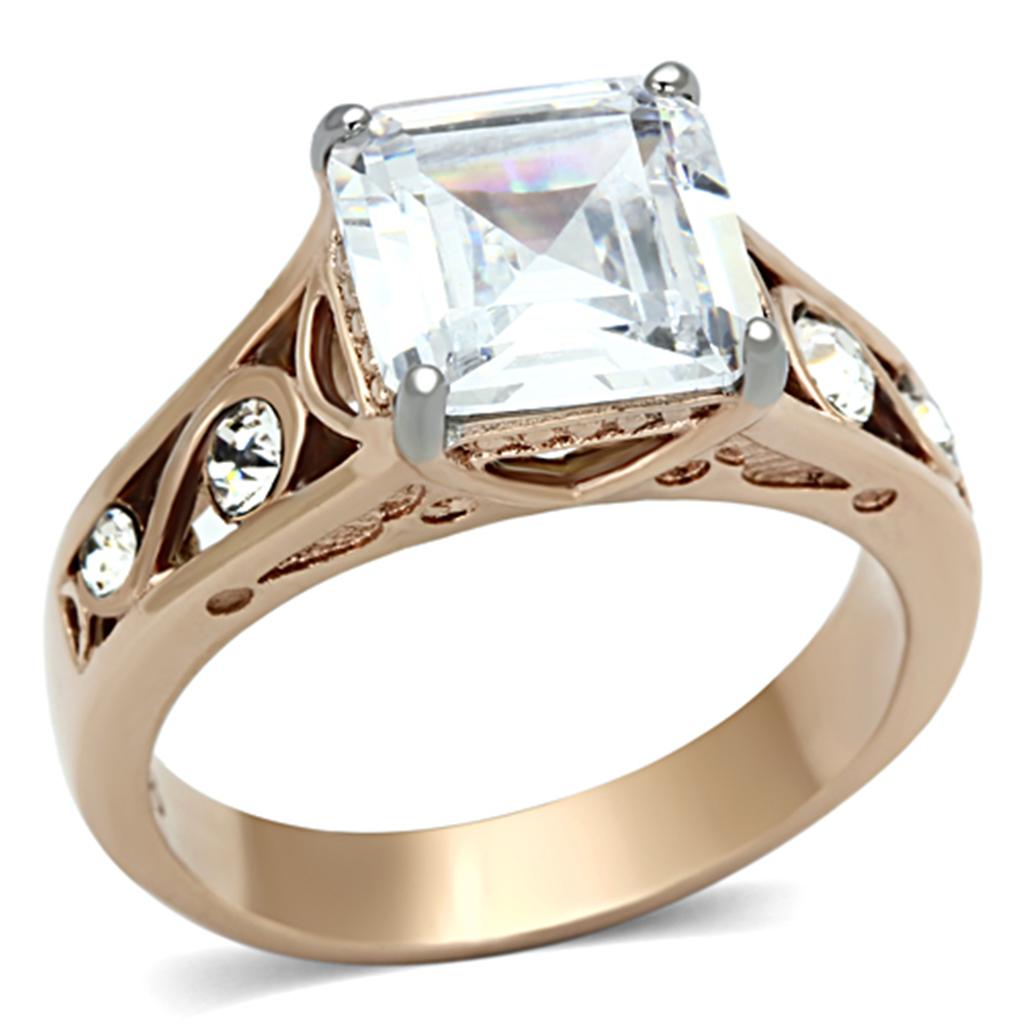 Women Stainless Steel Cubic Zirconia Ring in two-tone IP rose gold with clear square stones, showcasing elegance and modern design.