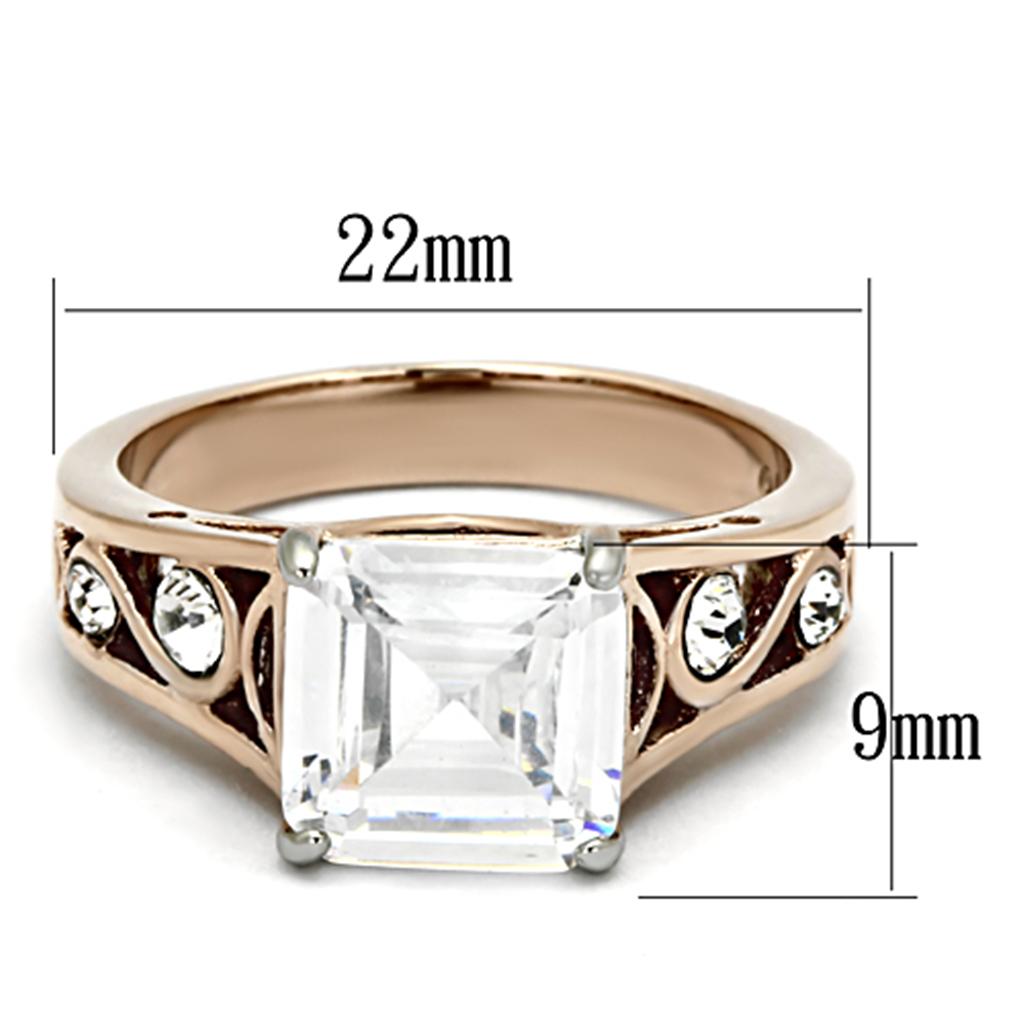 Women Stainless Steel Cubic Zirconia Ring in two-tone IP rose gold with clear square stones, showcasing elegance and modern design.