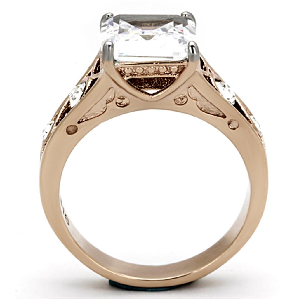 Women Stainless Steel Cubic Zirconia Ring in two-tone IP rose gold with clear square stones, showcasing elegance and modern design.