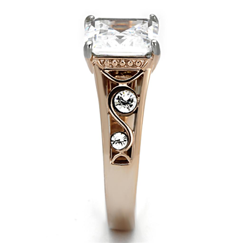 Women Stainless Steel Cubic Zirconia Ring in two-tone IP rose gold with clear square stones, showcasing elegance and modern design.