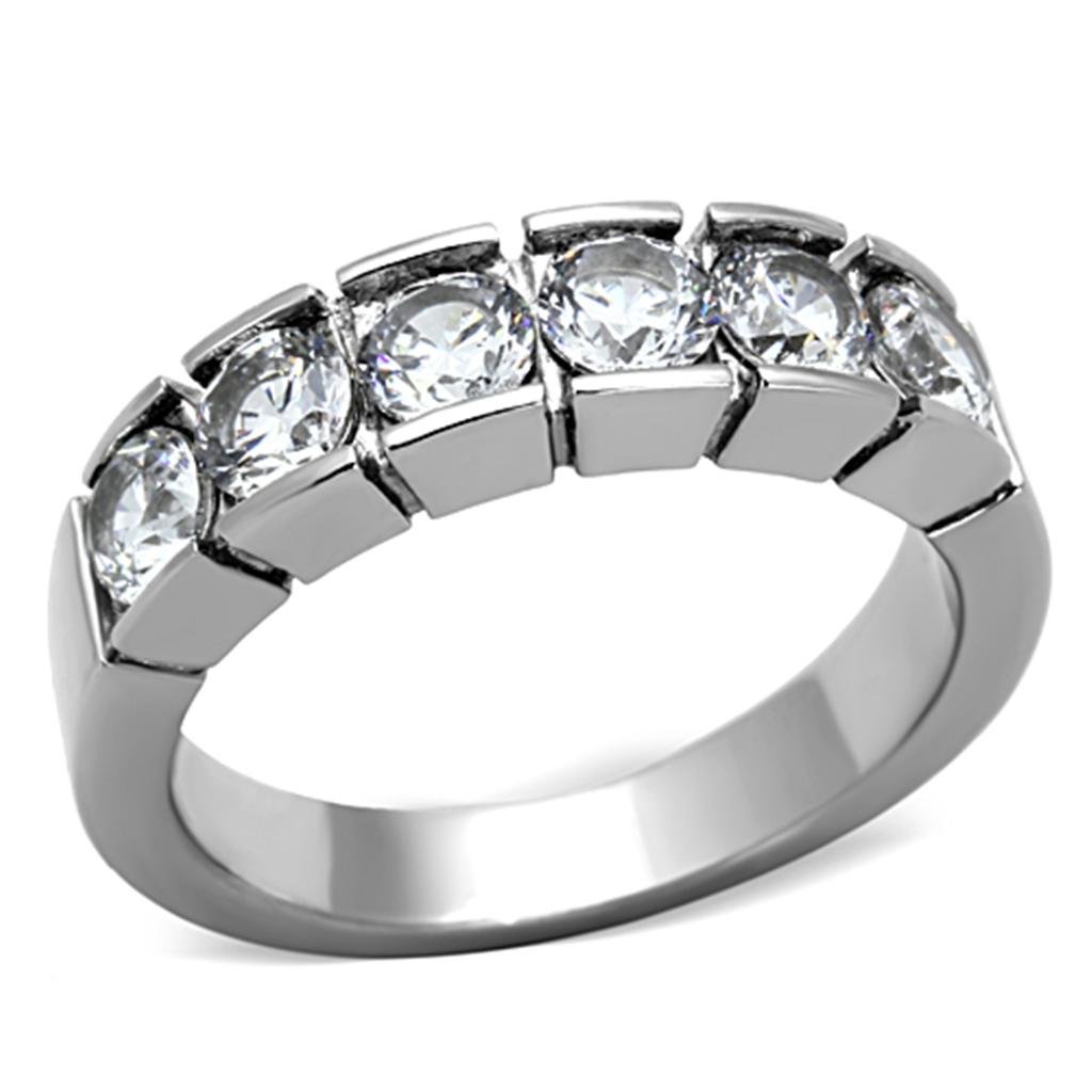 Elegant Women Stainless Steel Ring with Cubic Zirconia stones, featuring a high polished finish and a round design.