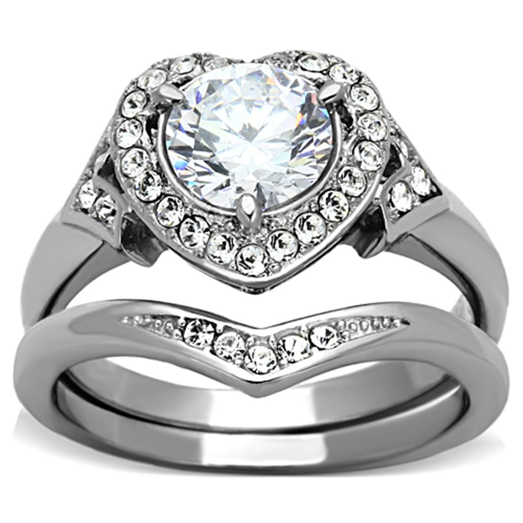 Elegant women's stainless steel ring featuring clear round cubic zirconia stones, high-polished finish.