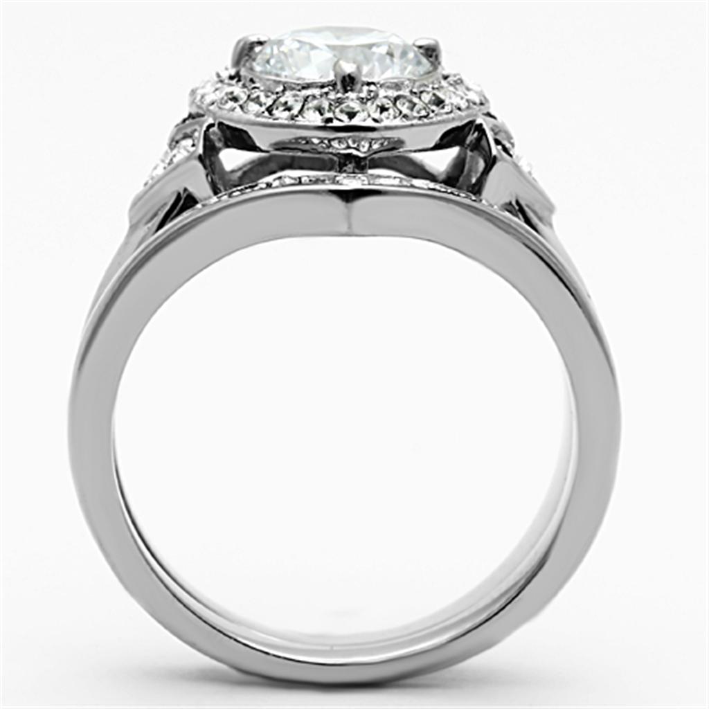 Elegant women's stainless steel ring featuring clear round cubic zirconia stones, high-polished finish.