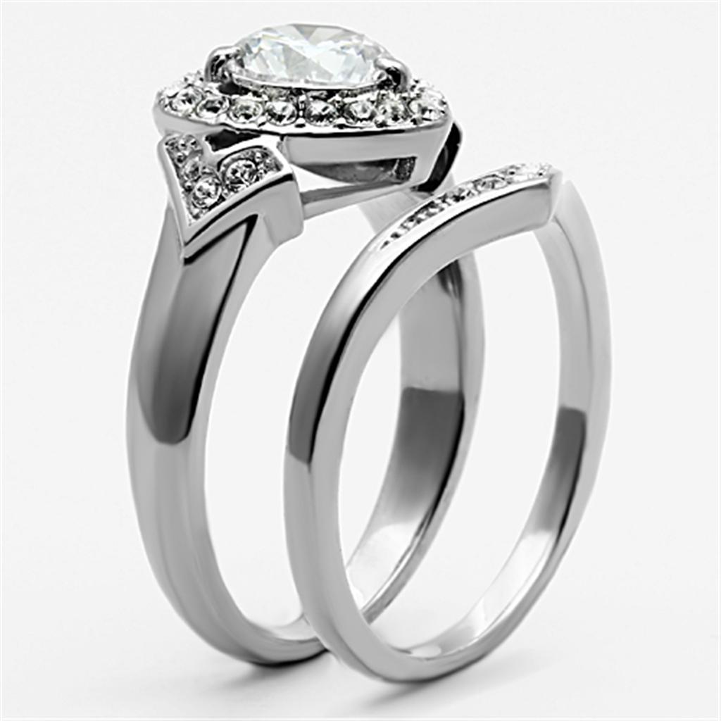 Elegant women's stainless steel ring featuring clear round cubic zirconia stones, high-polished finish.