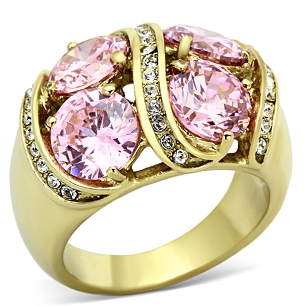 Women Stainless Steel Cubic Zirconia Ring in rose gold with sparkling stones, showcasing elegance and durability.