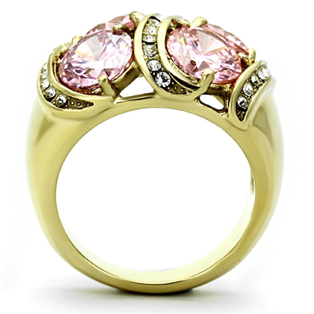 Women Stainless Steel Cubic Zirconia Ring in rose gold with sparkling stones, showcasing elegance and durability.