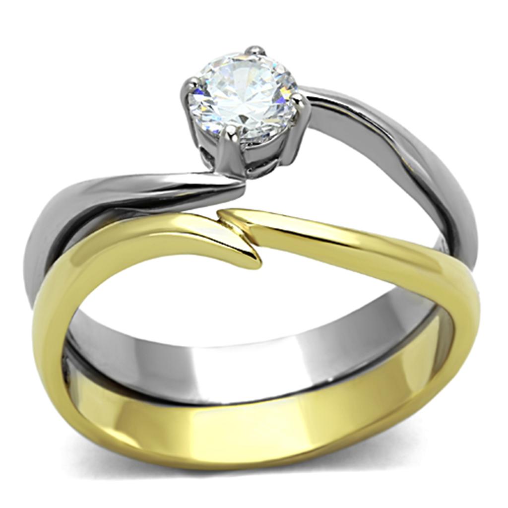 Elegant Women Stainless Steel Cubic Zirconia Ring with two-tone gold plating and sparkling clear stones.