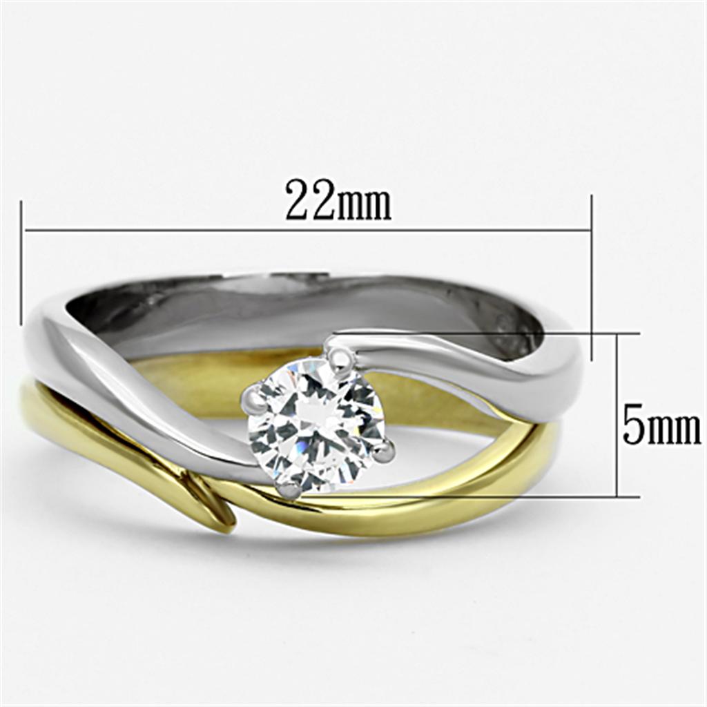 Elegant Women Stainless Steel Cubic Zirconia Ring with two-tone gold plating and sparkling clear stones.