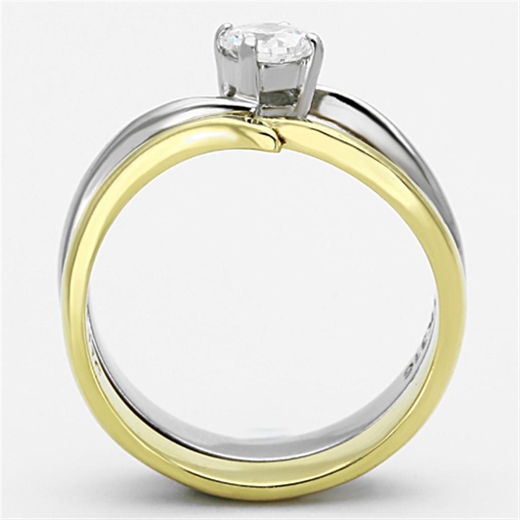 Elegant Women Stainless Steel Cubic Zirconia Ring with two-tone gold plating and sparkling clear stones.