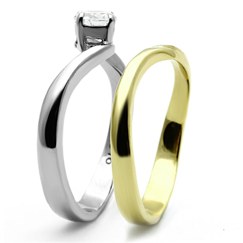 Elegant Women Stainless Steel Cubic Zirconia Ring with two-tone gold plating and sparkling clear stones.