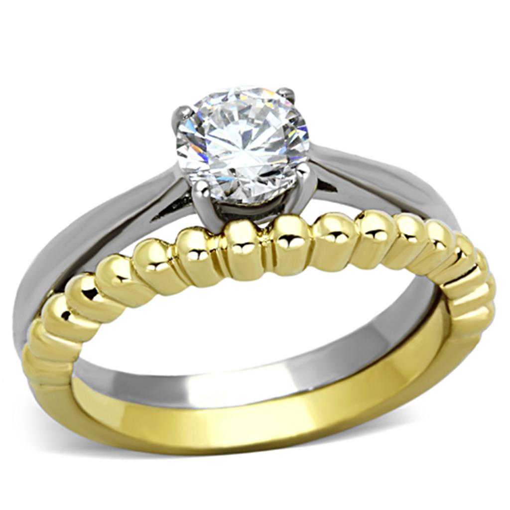 Elegant women stainless steel ring with cubic zirconia, featuring a two-tone IP gold design.