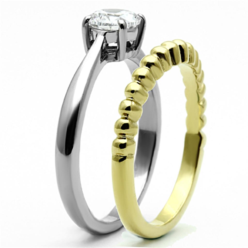 Elegant women stainless steel ring with cubic zirconia, featuring a two-tone IP gold design.