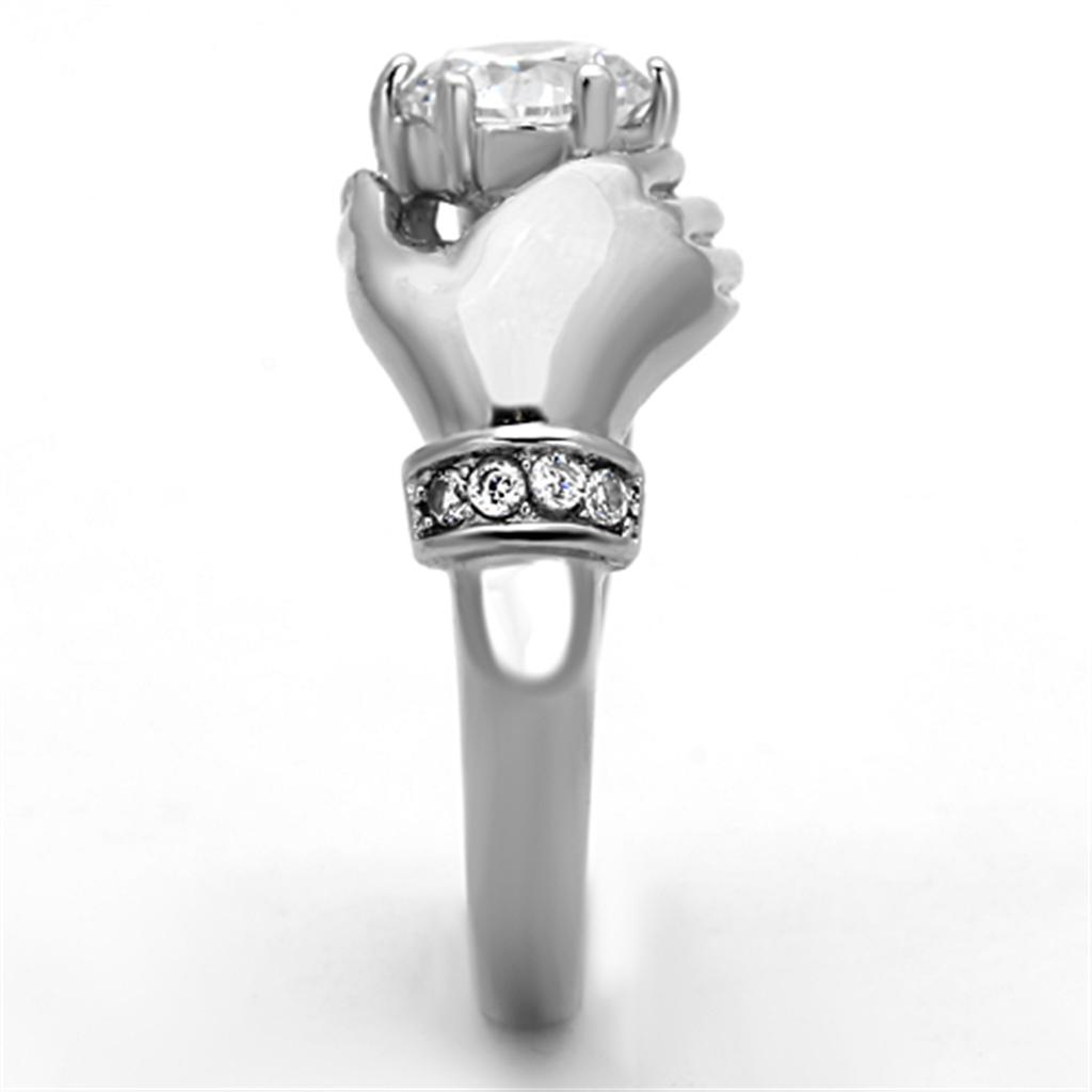 Elegant Women Stainless Steel Ring with Clear Cubic Zirconia, high-polished finish, showcasing its stunning design.