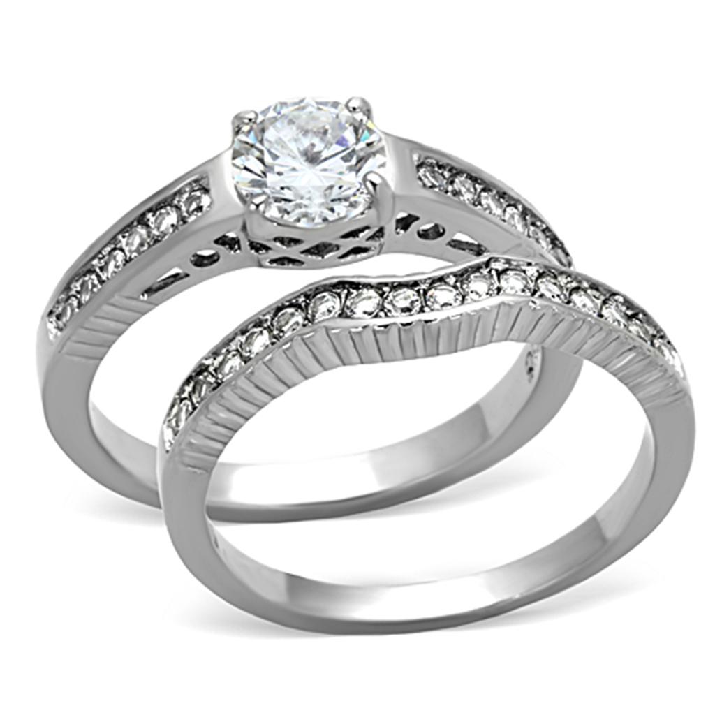 Elegant Women Stainless Steel Ring with Clear Cubic Zirconia, showcasing a high-polished finish and sparkling stones.