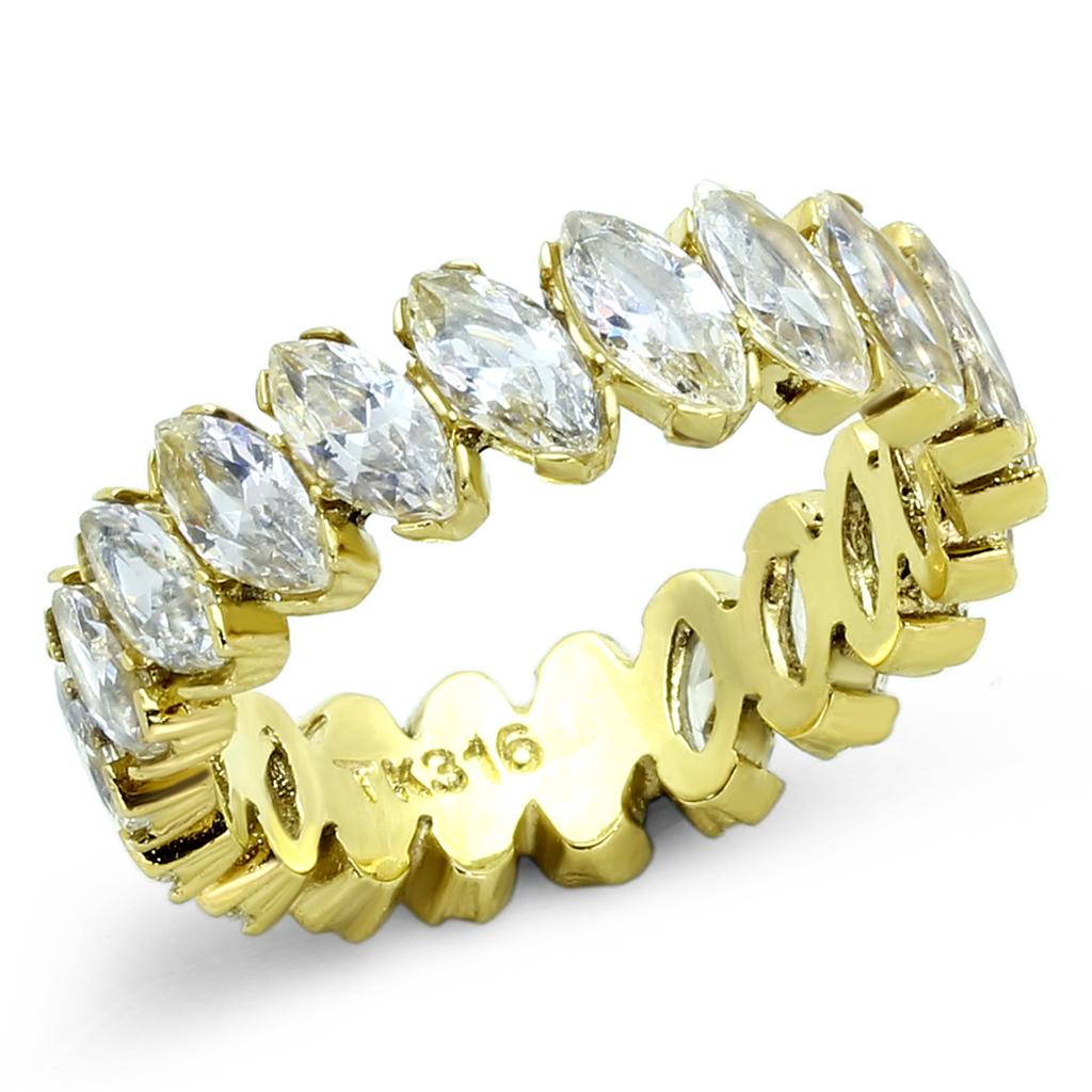 A beautiful women’s stainless steel ring featuring cubic zirconia stones with an IP gold ion plating finish, showcasing elegance and durability.