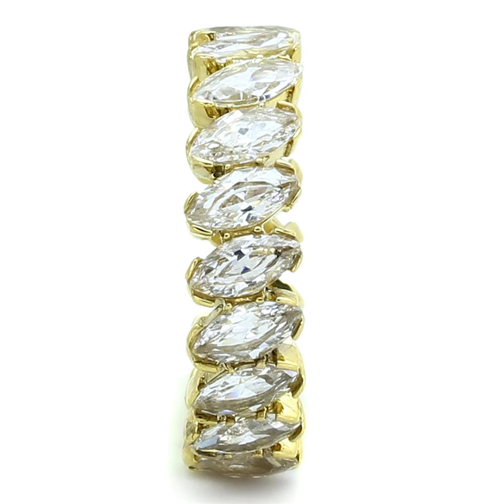 A beautiful women’s stainless steel ring featuring cubic zirconia stones with an IP gold ion plating finish, showcasing elegance and durability.