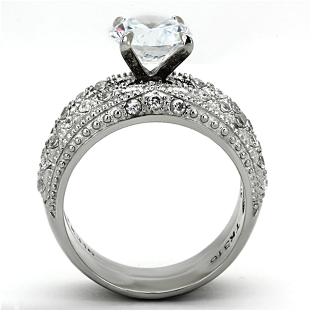 Women Stainless Steel Ring with Clear Cubic Zirconia, high-polished finish, elegant design.