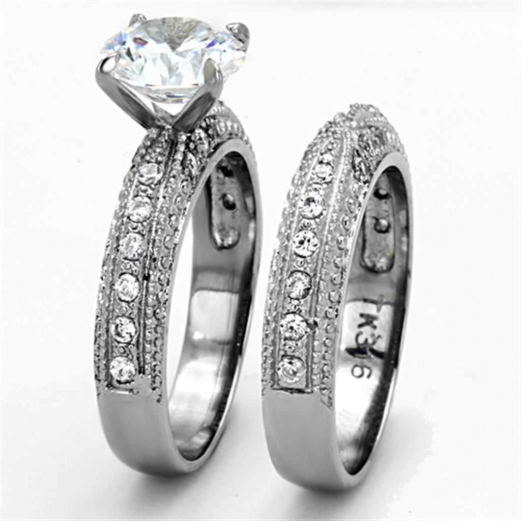 Women Stainless Steel Ring with Clear Cubic Zirconia, high-polished finish, elegant design.