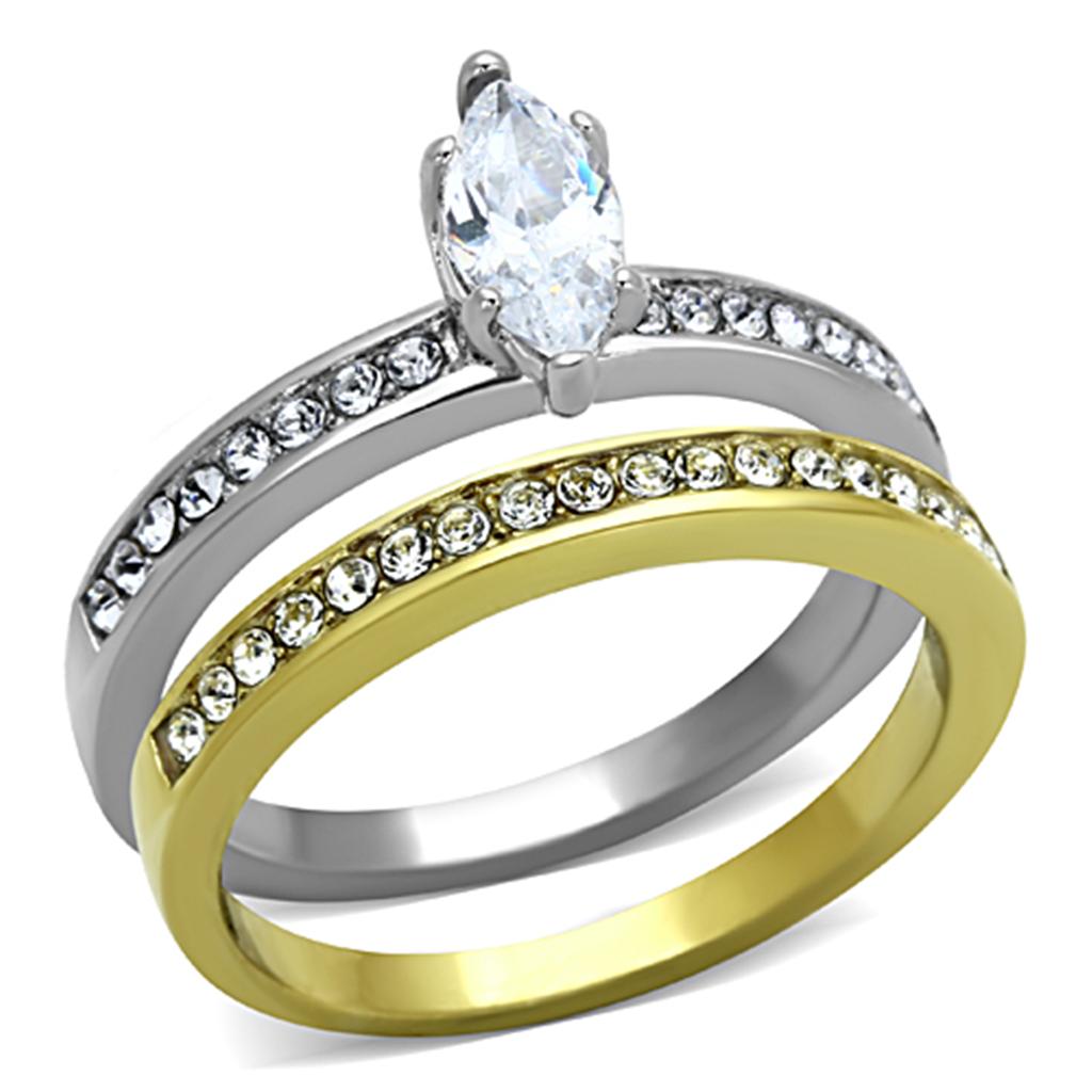 Elegant women’s stainless steel ring with cubic zirconia stones and two-tone gold plating.