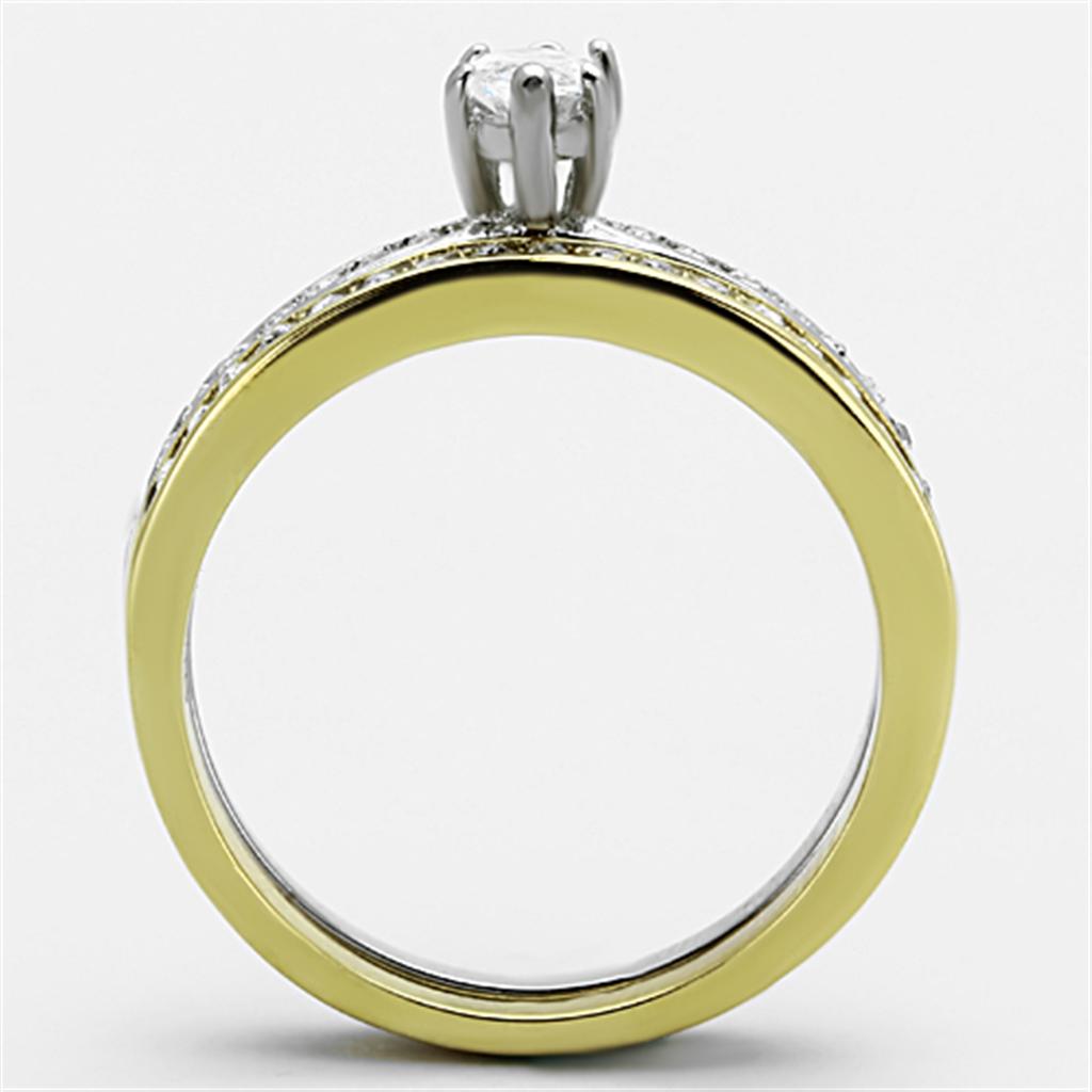 Elegant women’s stainless steel ring with cubic zirconia stones and two-tone gold plating.