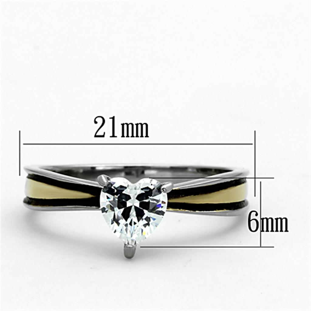 Elegant women’s stainless steel ring with cubic zirconia stones and two-tone gold finish.