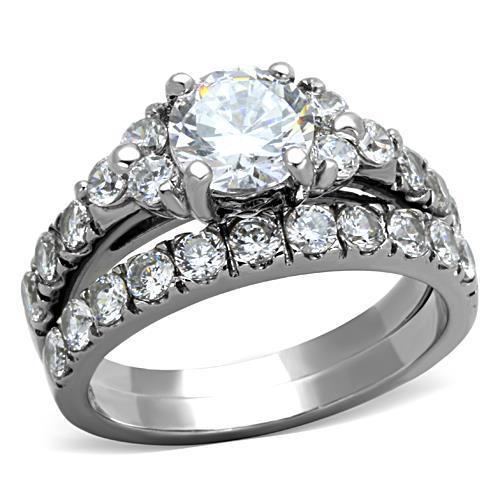 Elegant Women Stainless Steel Ring with Clear Cubic Zirconia Stones in Round Shape, High-polished Finish