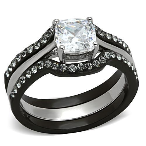 Elegant two-tone stainless steel ring with clear cubic zirconia stones, perfect for women.