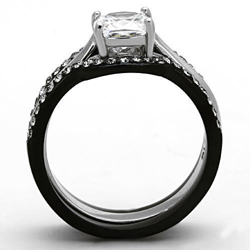 Elegant two-tone stainless steel ring with clear cubic zirconia stones, perfect for women.