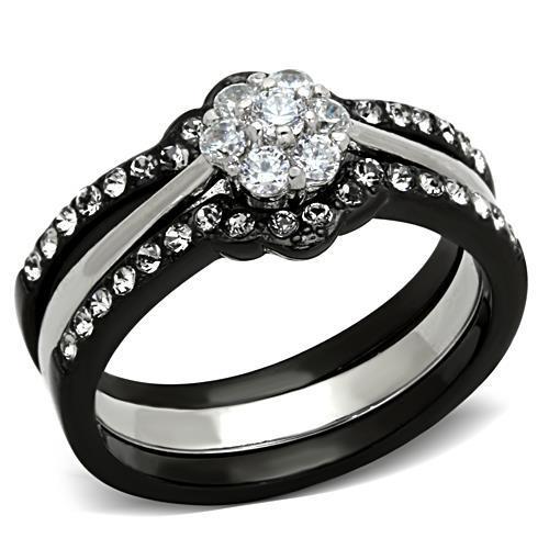 Elegant Women Stainless Steel Cubic Zirconia Ring with two-tone IP black finish and clear stones, showcasing a modern design.