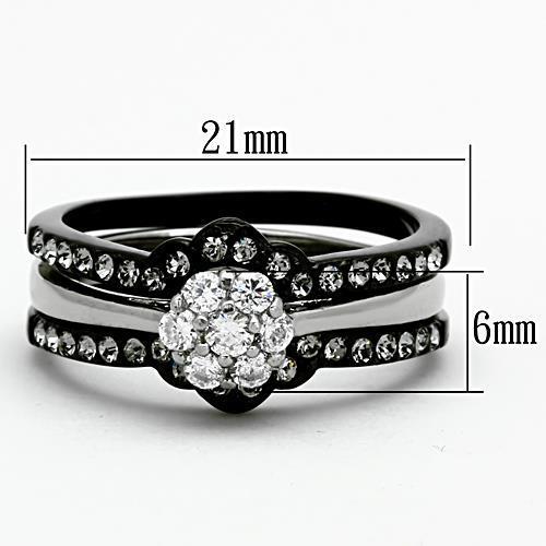 Elegant Women Stainless Steel Cubic Zirconia Ring with two-tone IP black finish and clear stones, showcasing a modern design.