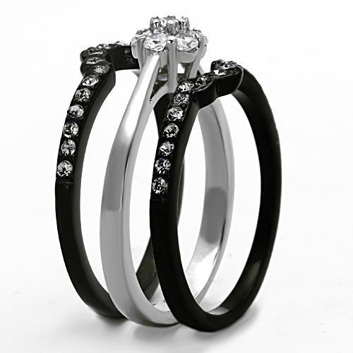 Elegant Women Stainless Steel Cubic Zirconia Ring with two-tone IP black finish and clear stones, showcasing a modern design.