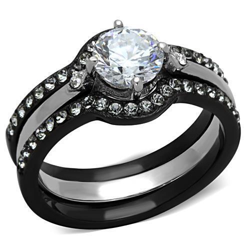 Elegant two-tone stainless steel ring with cubic zirconia accents, designed for women.