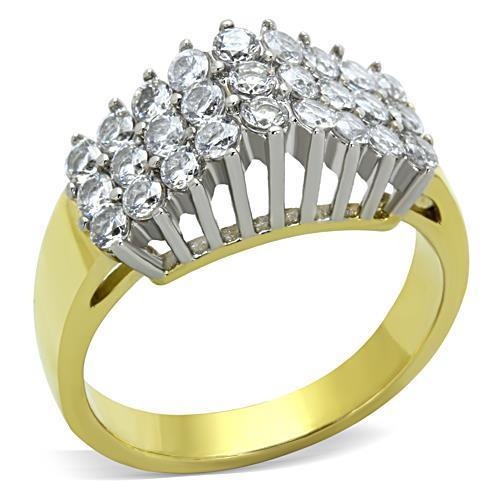 Elegant two-tone stainless steel ring with cubic zirconia stones, perfect for women.