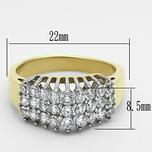 Elegant two-tone stainless steel ring with cubic zirconia stones, perfect for women.