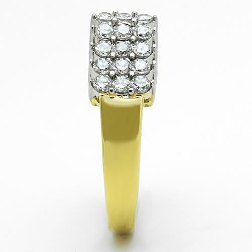 Elegant two-tone stainless steel ring with cubic zirconia stones, perfect for women.