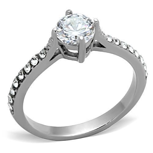 A high-polished stainless steel ring featuring clear round cubic zirconia stones, designed for women.