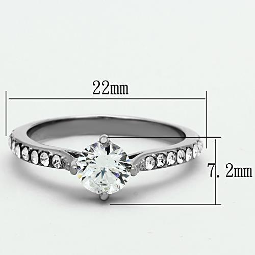 A high-polished stainless steel ring featuring clear round cubic zirconia stones, designed for women.